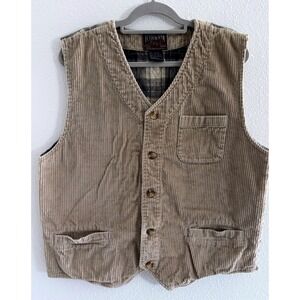 Vintage Corduroy Vest Mens Large Tan Blue Plaid Cotton Chore Rockabilly 90s